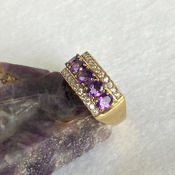 Gold Vermeil Sterling Silver 925 Prong Set Oval Amethyst CZ Wide Band Ring Sz 9 - Picture 6 of 16